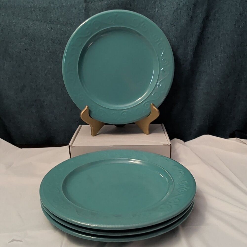 Set of 4 Royal Norfolk Dinner Plates Turquoise Teal Blue Scrolls Rim 10.5" - Picture 16 of 16